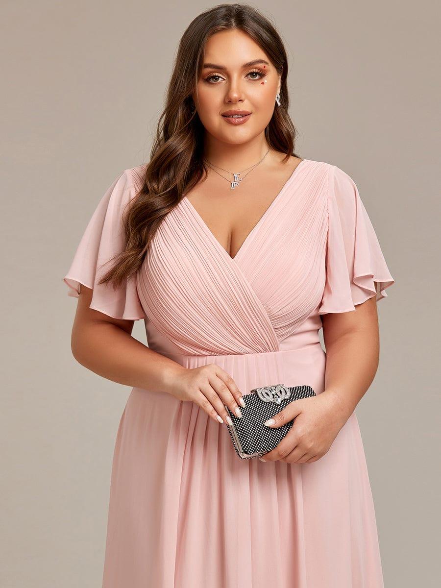Plus size chiffon double V-neck midi wedding guest dress with ruffle sleeves for women