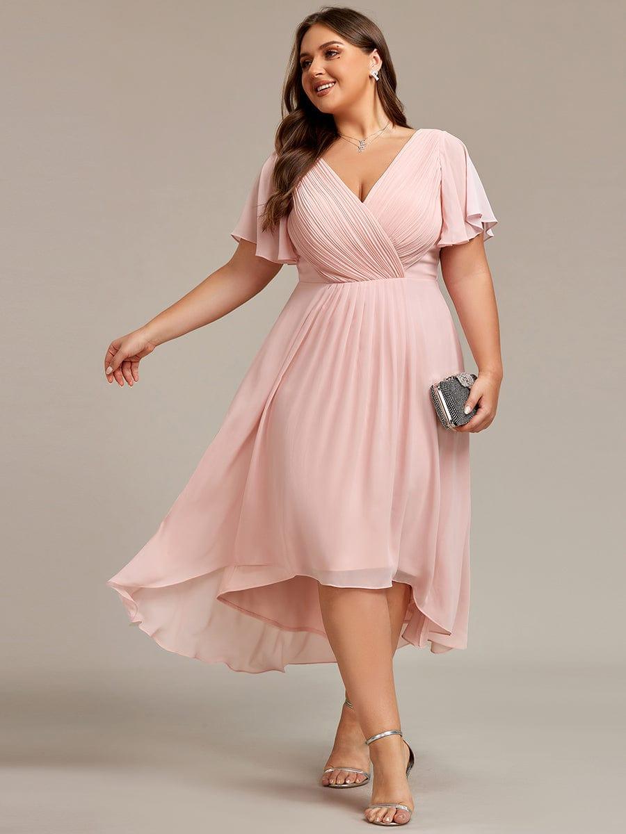 Plus size chiffon double V-neck midi wedding guest dress with ruffle sleeves for women
