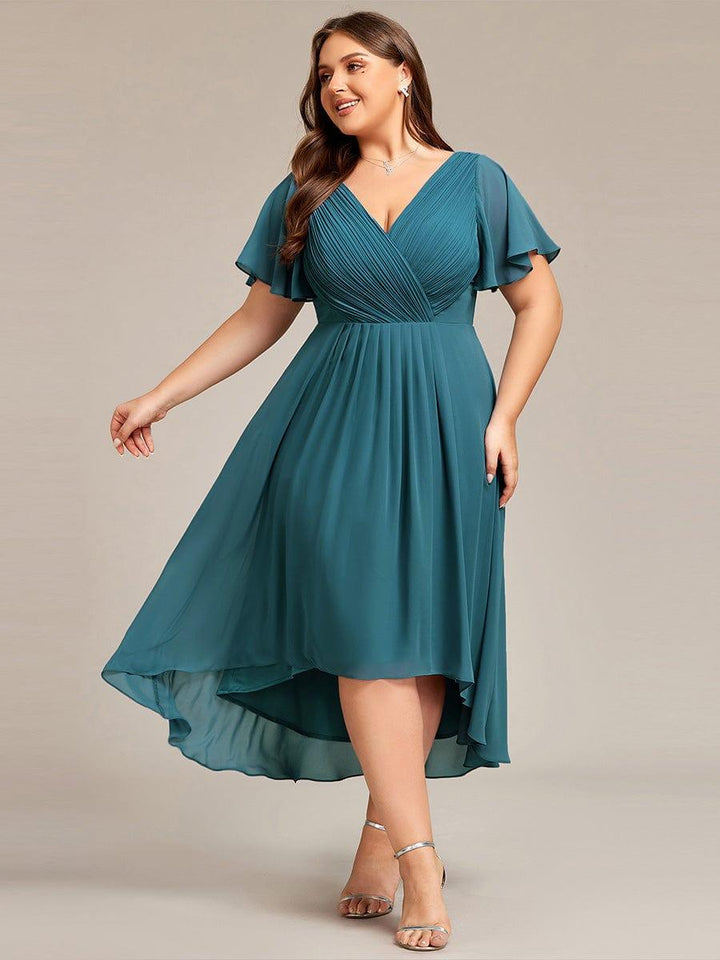 Plus size chiffon double V-neck midi wedding guest dress with ruffle sleeves for women
