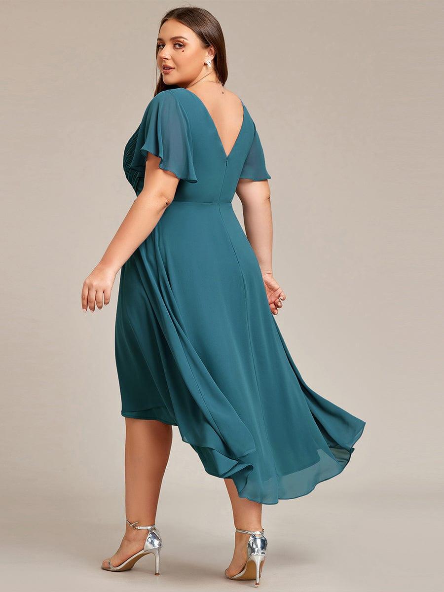 Plus size chiffon double V-neck midi wedding guest dress with ruffle sleeves for women