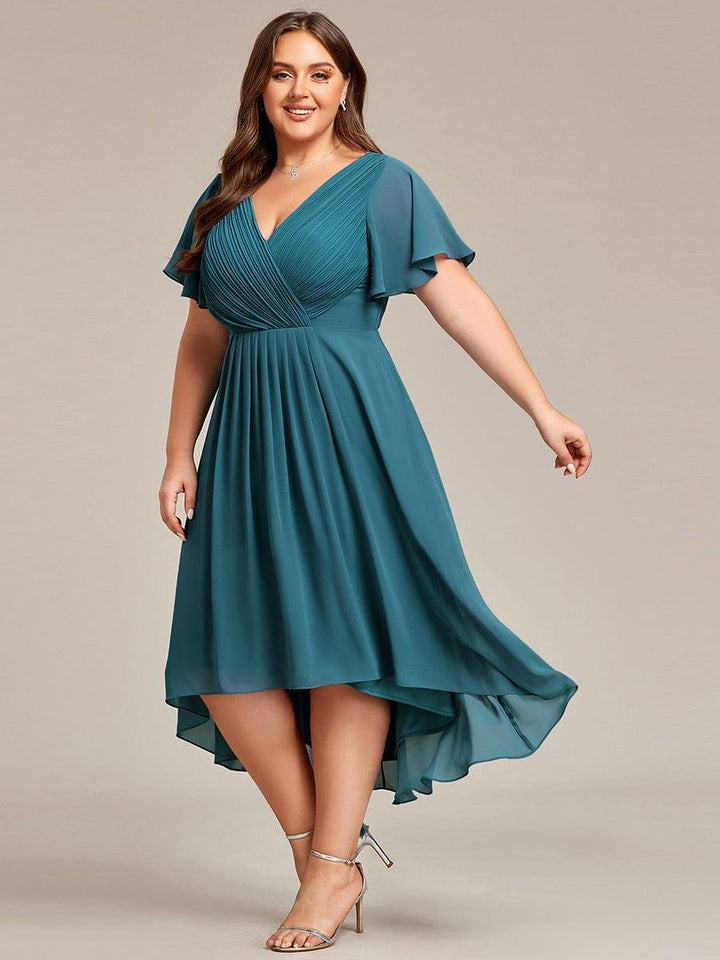 Plus size chiffon double V-neck midi wedding guest dress with ruffle sleeves for women