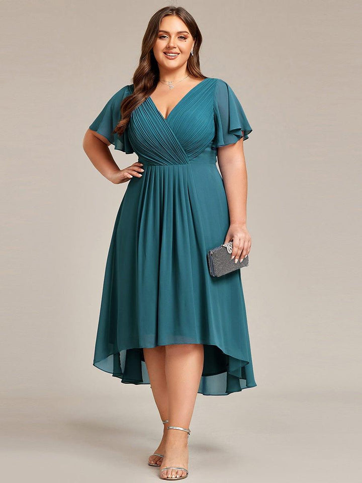 Plus size chiffon double V-neck midi wedding guest dress with ruffle sleeves for women