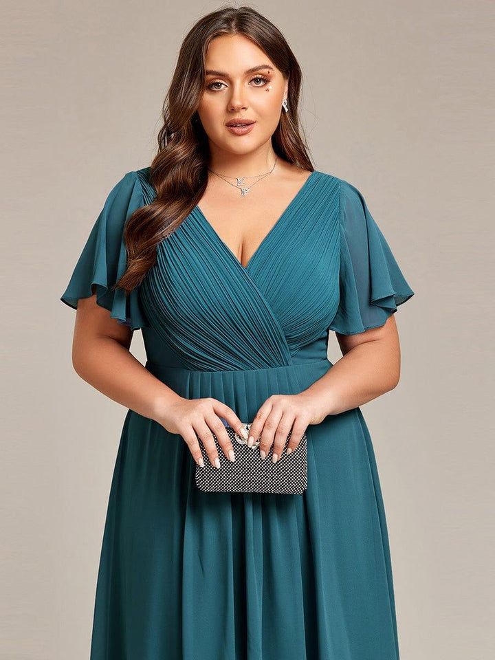 Plus size chiffon double V-neck midi wedding guest dress with ruffle sleeves for women