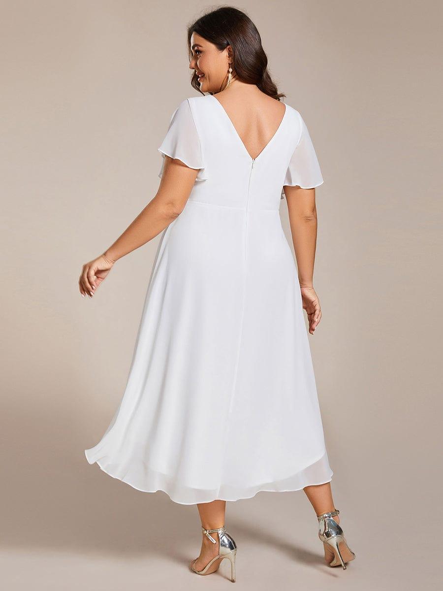 Plus size chiffon double V-neck midi wedding guest dress with ruffle sleeves for women