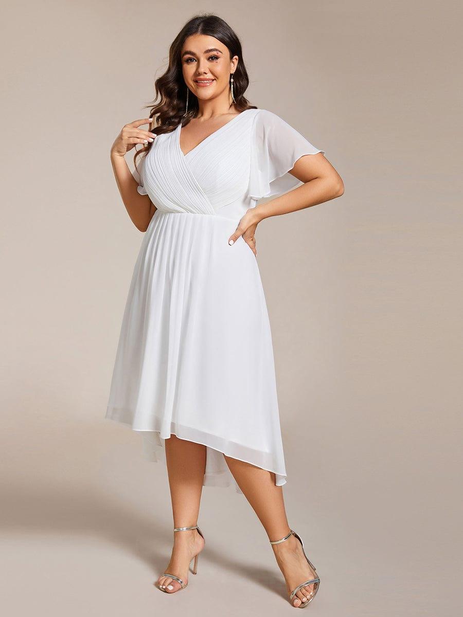Plus size chiffon double V-neck midi wedding guest dress with ruffle sleeves for women