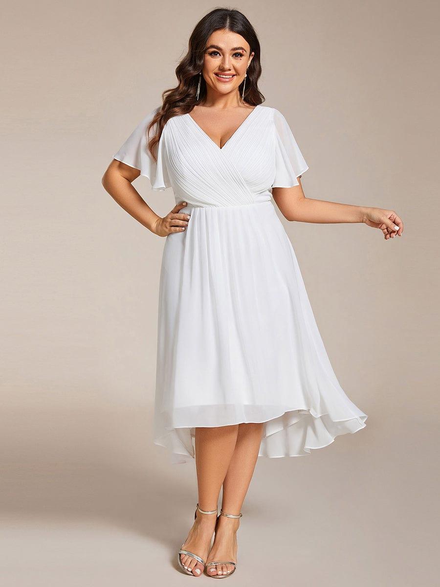 Plus size chiffon double V-neck midi wedding guest dress with ruffle sleeves for women