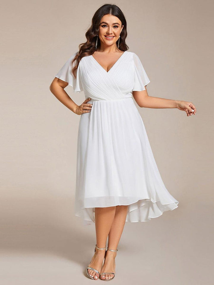Plus size chiffon double V-neck midi wedding guest dress with ruffle sleeves for women