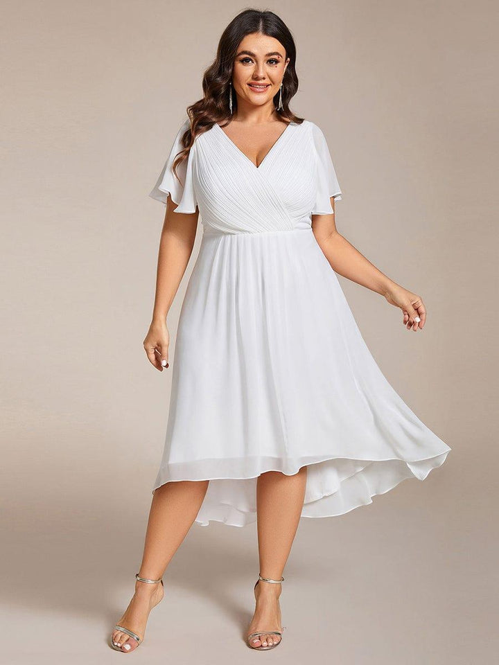 Plus size chiffon double V-neck midi wedding guest dress with ruffle sleeves for women