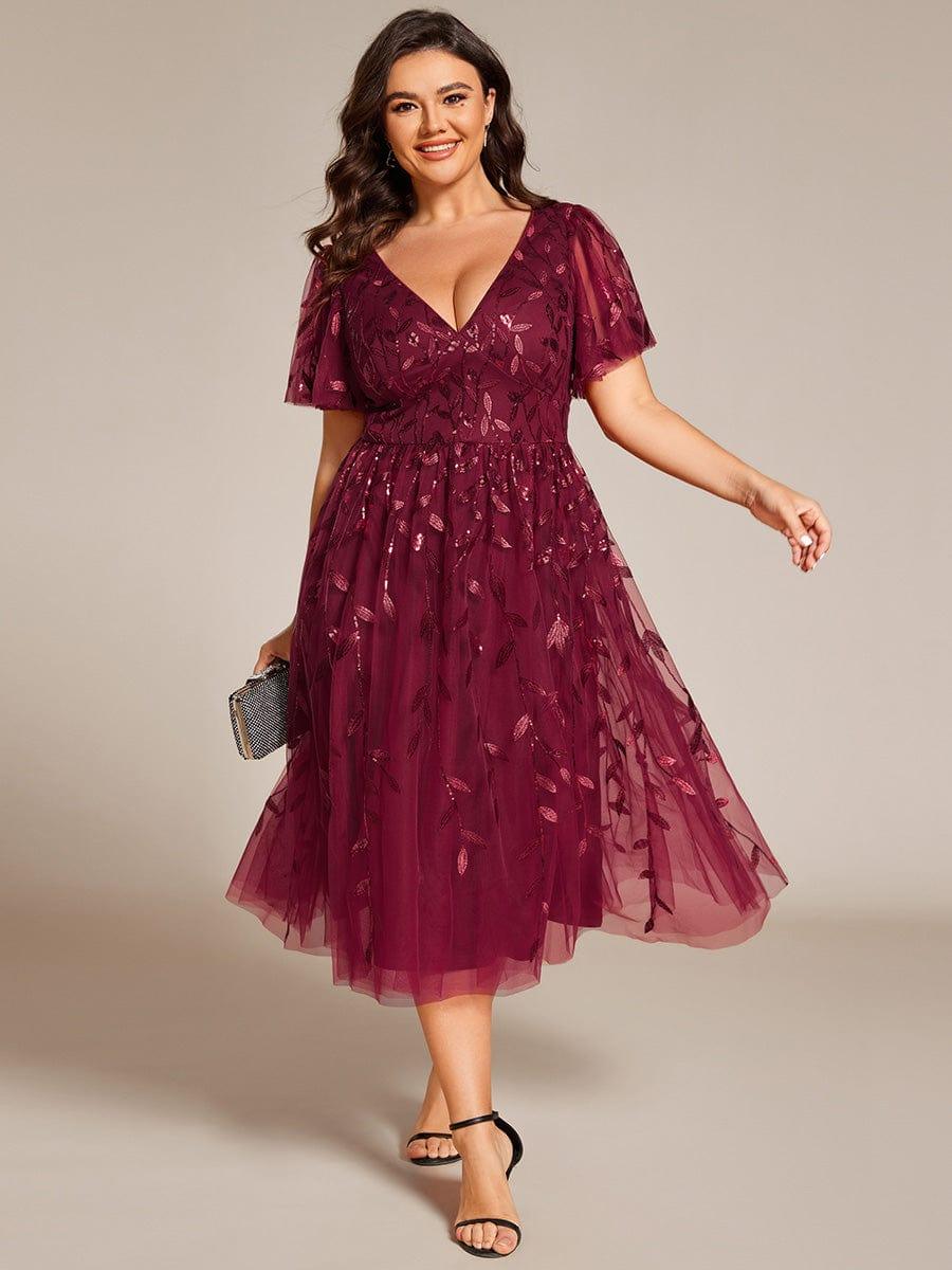 Plus size leaf sequin tulle A-line midi wedding guest dress for women