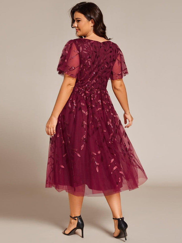 Plus size leaf sequin tulle A-line midi wedding guest dress for women