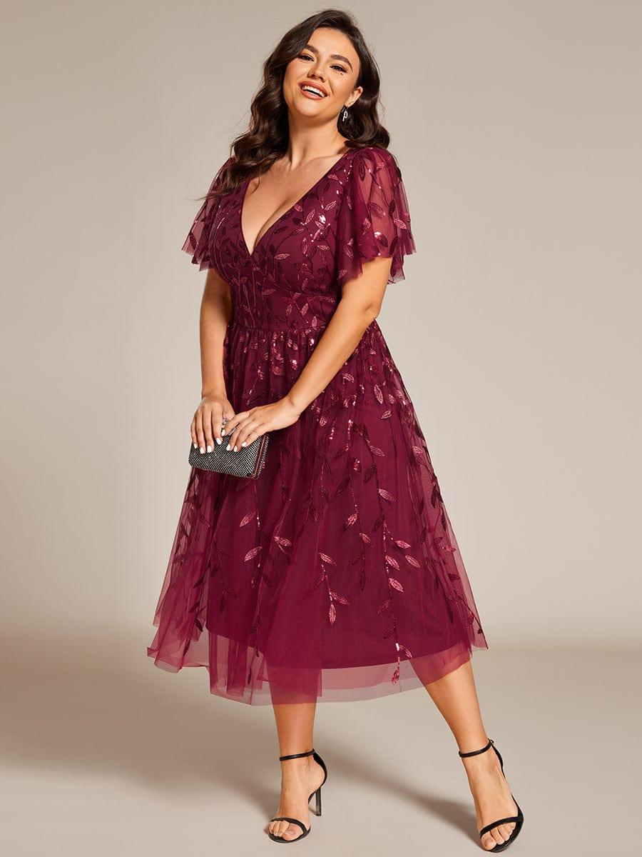 Plus size leaf sequin tulle A-line midi wedding guest dress for women