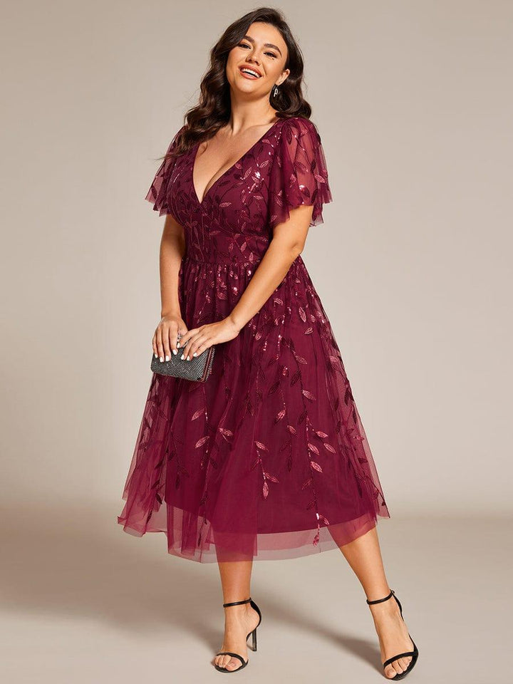 Plus size leaf sequin tulle A-line midi wedding guest dress for women