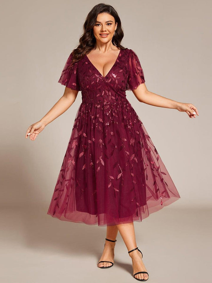 Plus size leaf sequin tulle A-line midi wedding guest dress for women
