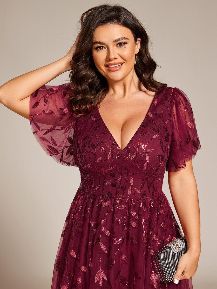 Plus size leaf sequin tulle A-line midi wedding guest dress for women