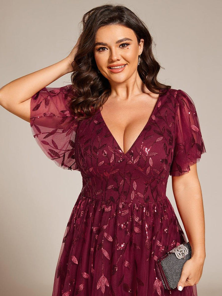 Plus size leaf sequin tulle A-line midi wedding guest dress for women