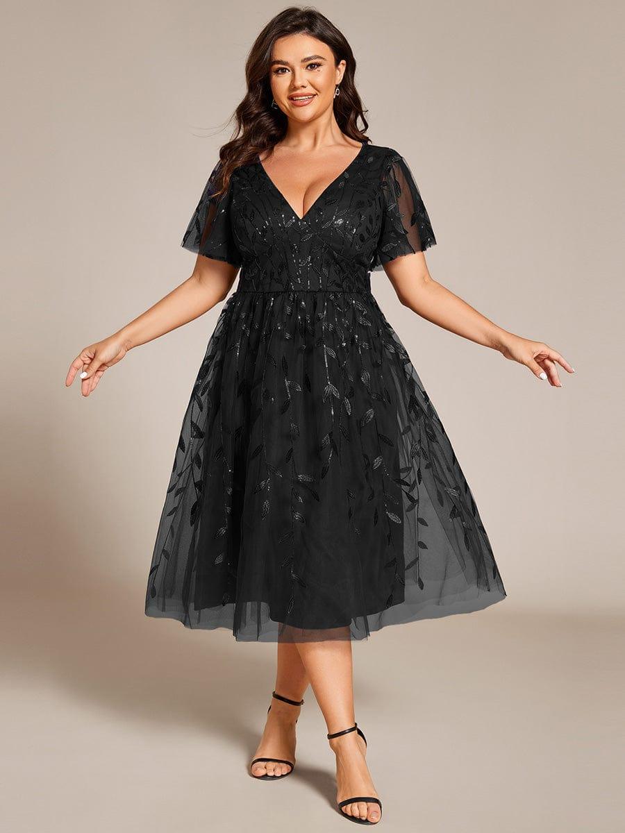 Plus size leaf sequin tulle A-line midi wedding guest dress for women