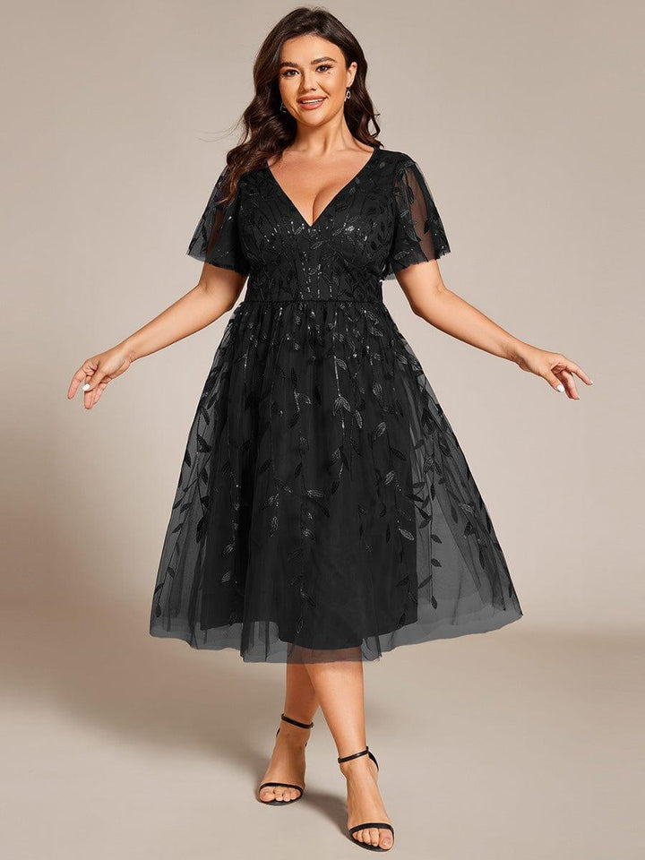 Plus size leaf sequin tulle A-line midi wedding guest dress for women