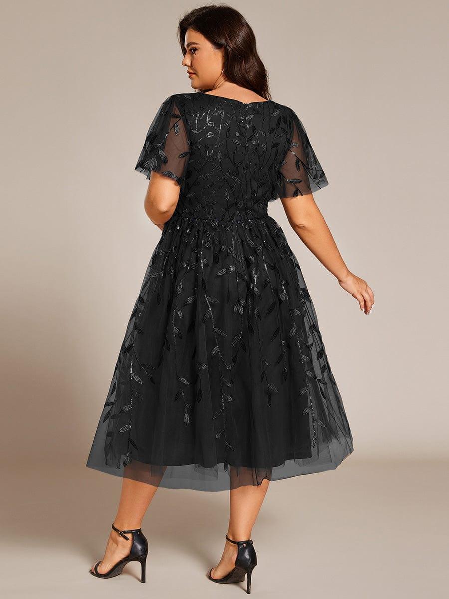 Plus size leaf sequin tulle A-line midi wedding guest dress for women