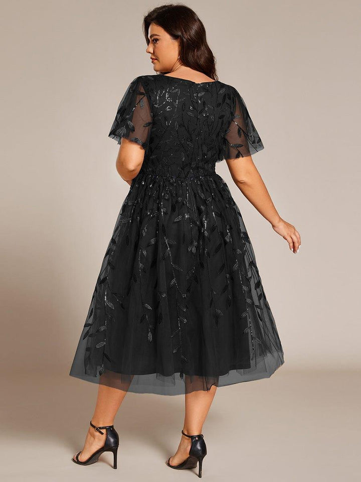 Plus size leaf sequin tulle A-line midi wedding guest dress for women
