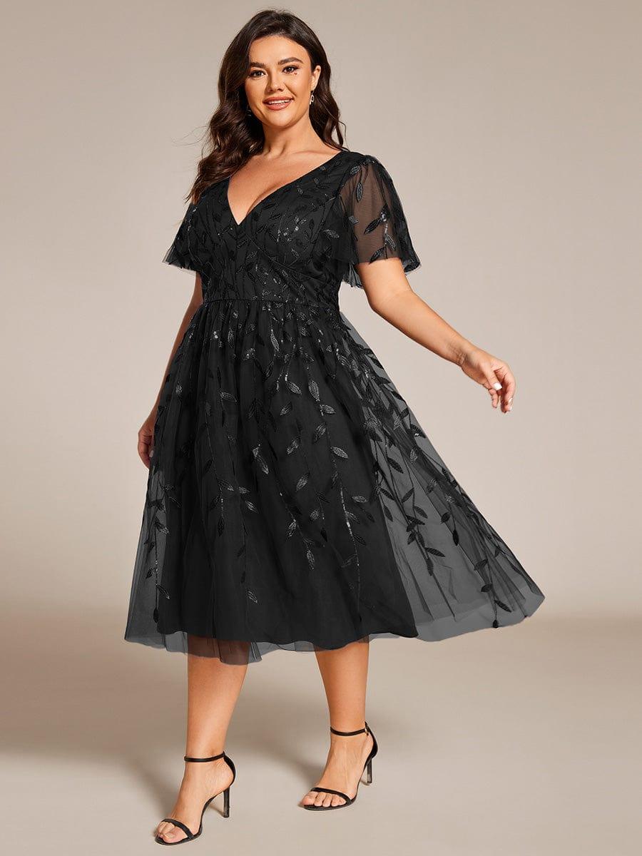 Plus size leaf sequin tulle A-line midi wedding guest dress for women
