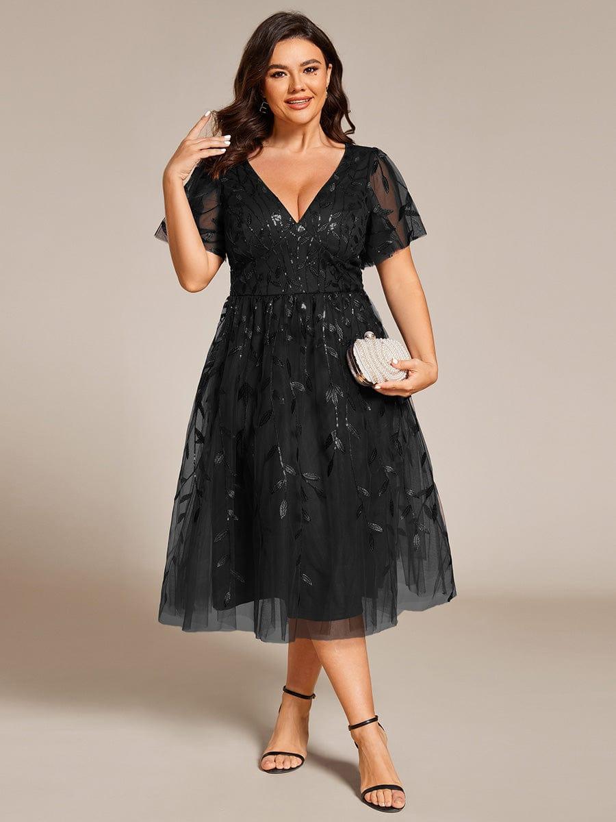 Plus size leaf sequin tulle A-line midi wedding guest dress for women