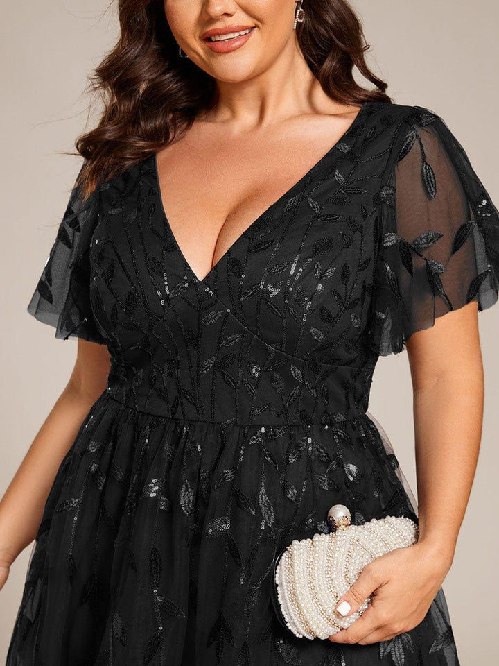Plus size leaf sequin tulle A-line midi wedding guest dress for women