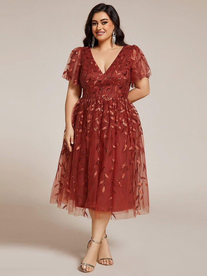 Plus size leaf sequin tulle A-line midi wedding guest dress for women