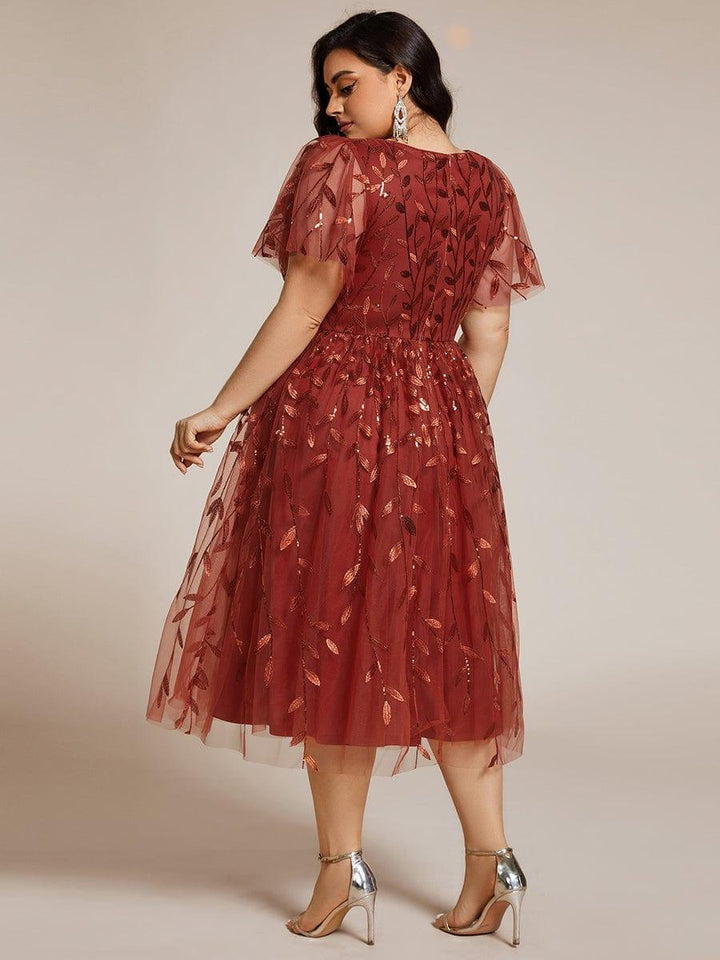 Plus size leaf sequin tulle A-line midi wedding guest dress for women