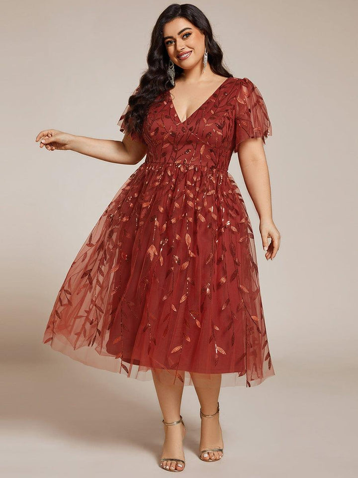 Plus size leaf sequin tulle A-line midi wedding guest dress for women