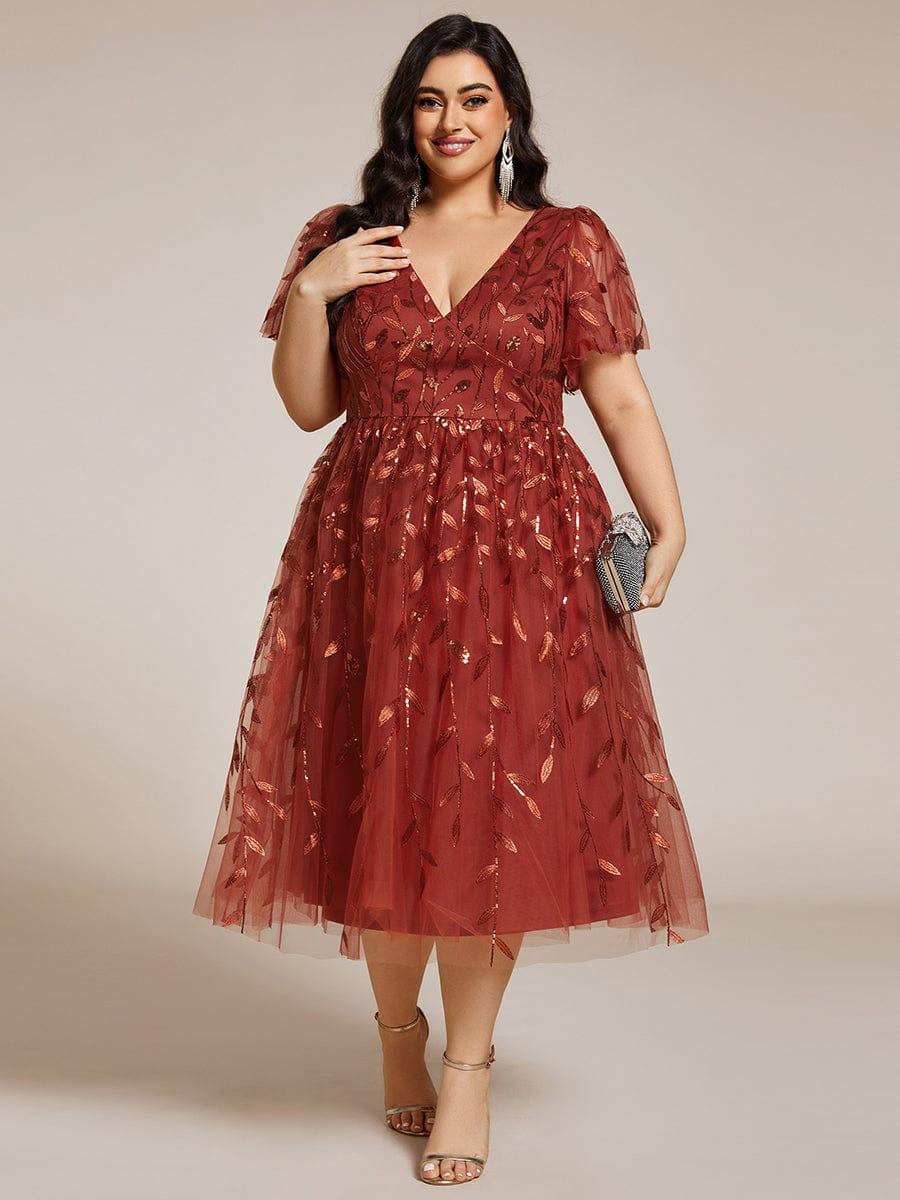 Plus size leaf sequin tulle A-line midi wedding guest dress for women