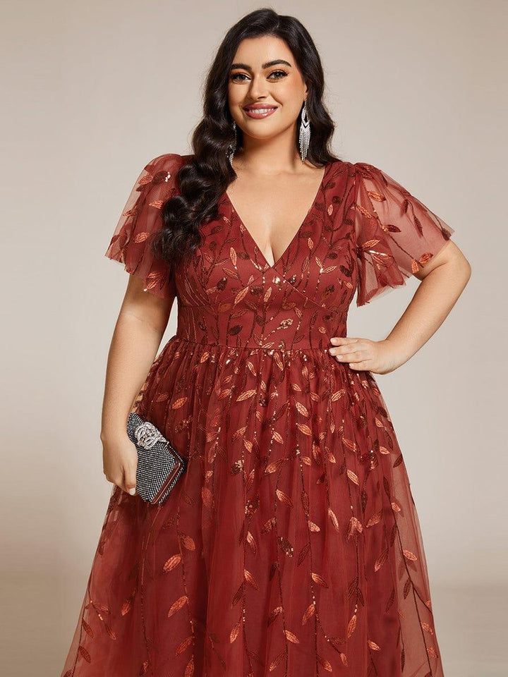 Plus size leaf sequin tulle A-line midi wedding guest dress for women