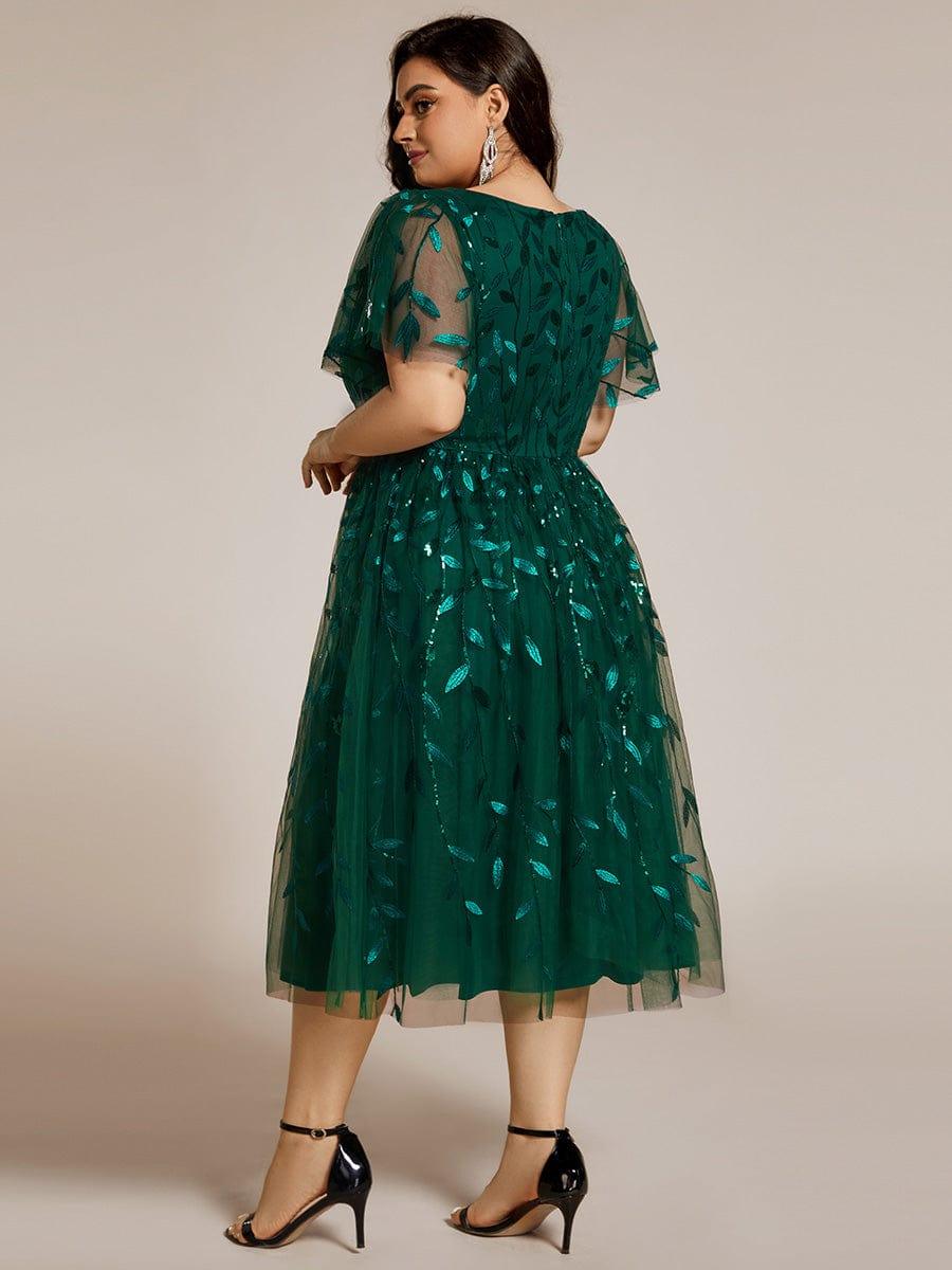 Plus size leaf sequin tulle A-line midi wedding guest dress for women