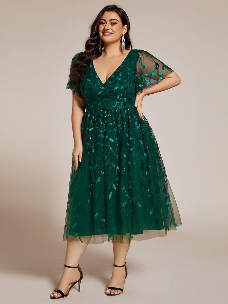 Plus size leaf sequin tulle A-line midi wedding guest dress for women
