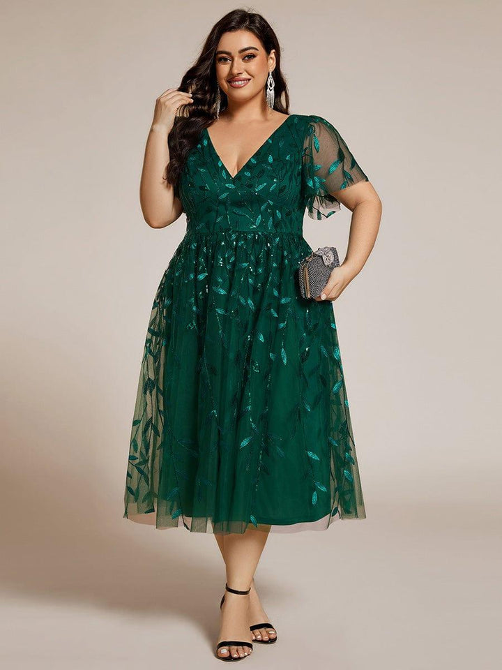 Plus size leaf sequin tulle A-line midi wedding guest dress for women