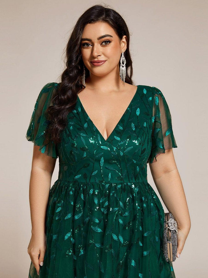 Plus size leaf sequin tulle A-line midi wedding guest dress for women