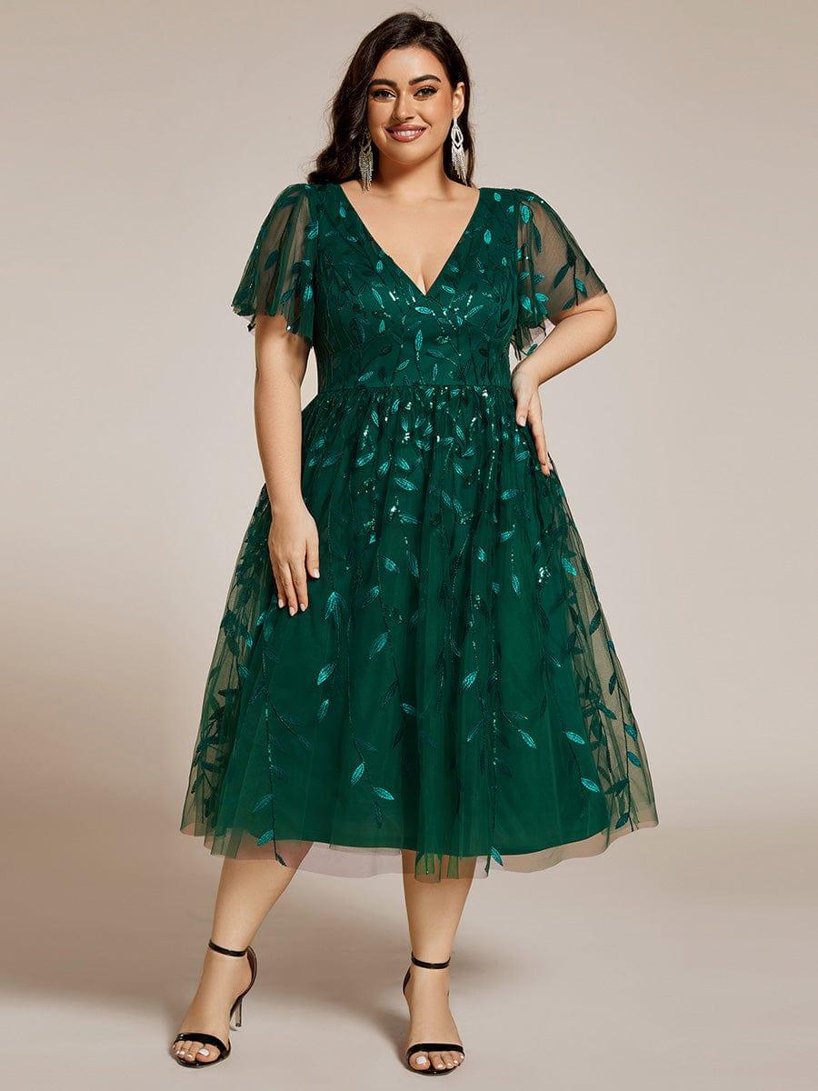 Plus size leaf sequin tulle A-line midi wedding guest dress for women