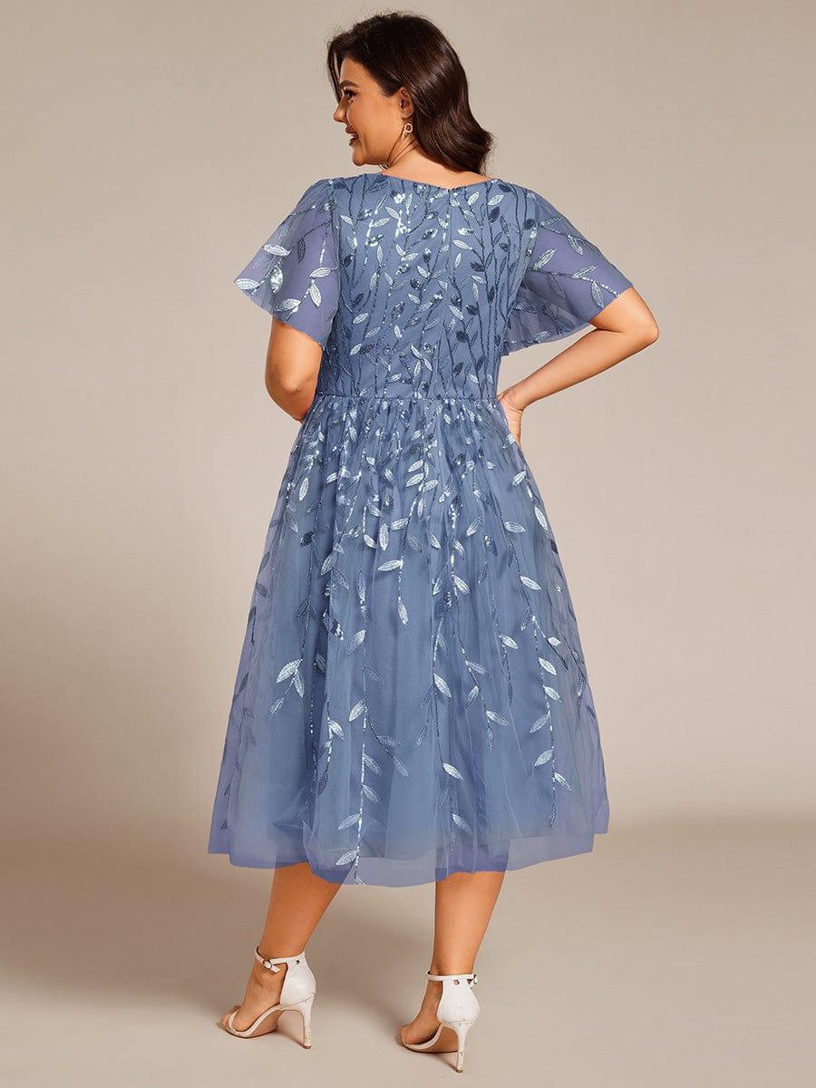 Plus size leaf sequin tulle A-line midi wedding guest dress for women