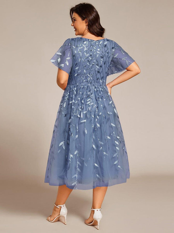 Plus size leaf sequin tulle A-line midi wedding guest dress for women