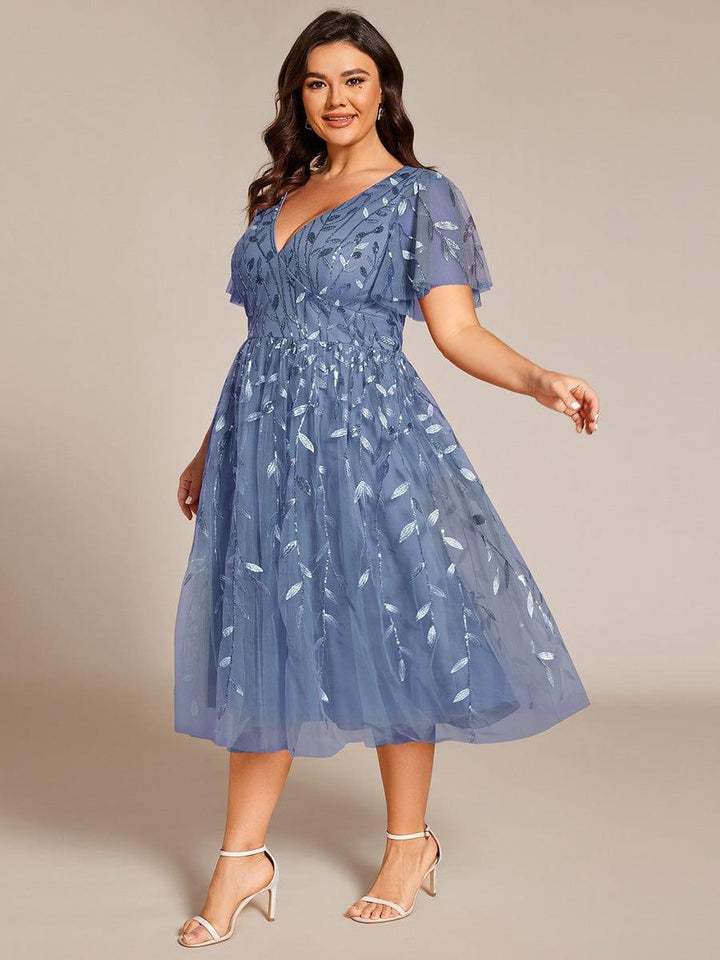 Plus size leaf sequin tulle A-line midi wedding guest dress for women