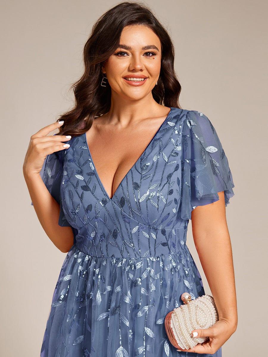 Plus size leaf sequin tulle A-line midi wedding guest dress for women