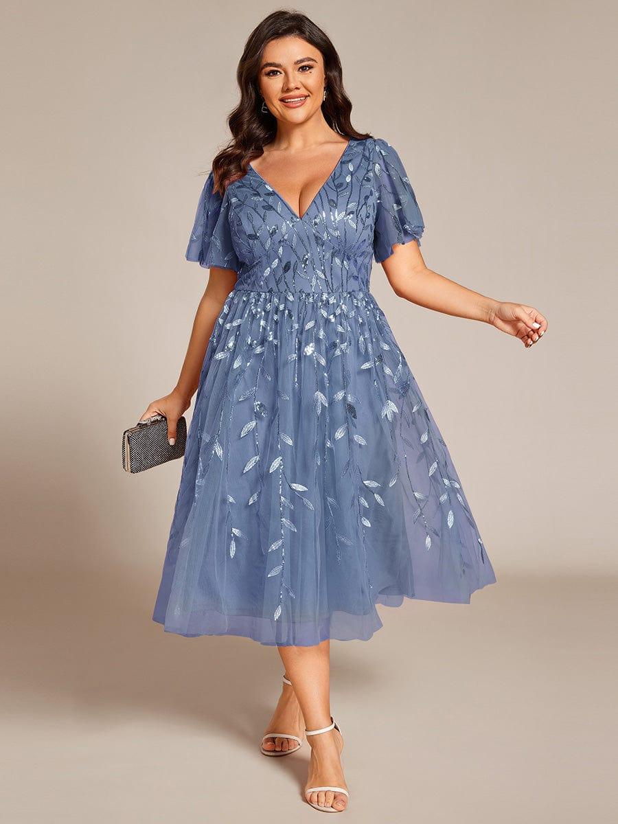 Plus size leaf sequin tulle A-line midi wedding guest dress for women