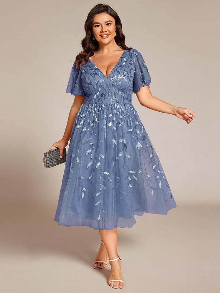 Plus size leaf sequin tulle A-line midi wedding guest dress for women