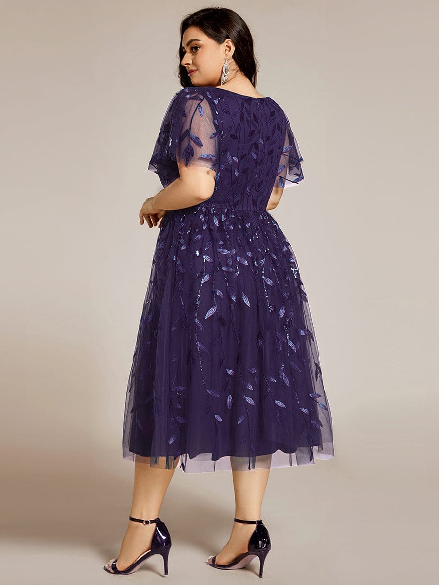 Plus size leaf sequin tulle A-line midi wedding guest dress for women