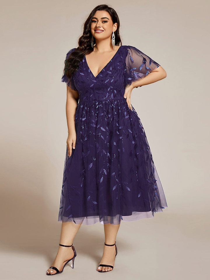 Plus size leaf sequin tulle A-line midi wedding guest dress for women