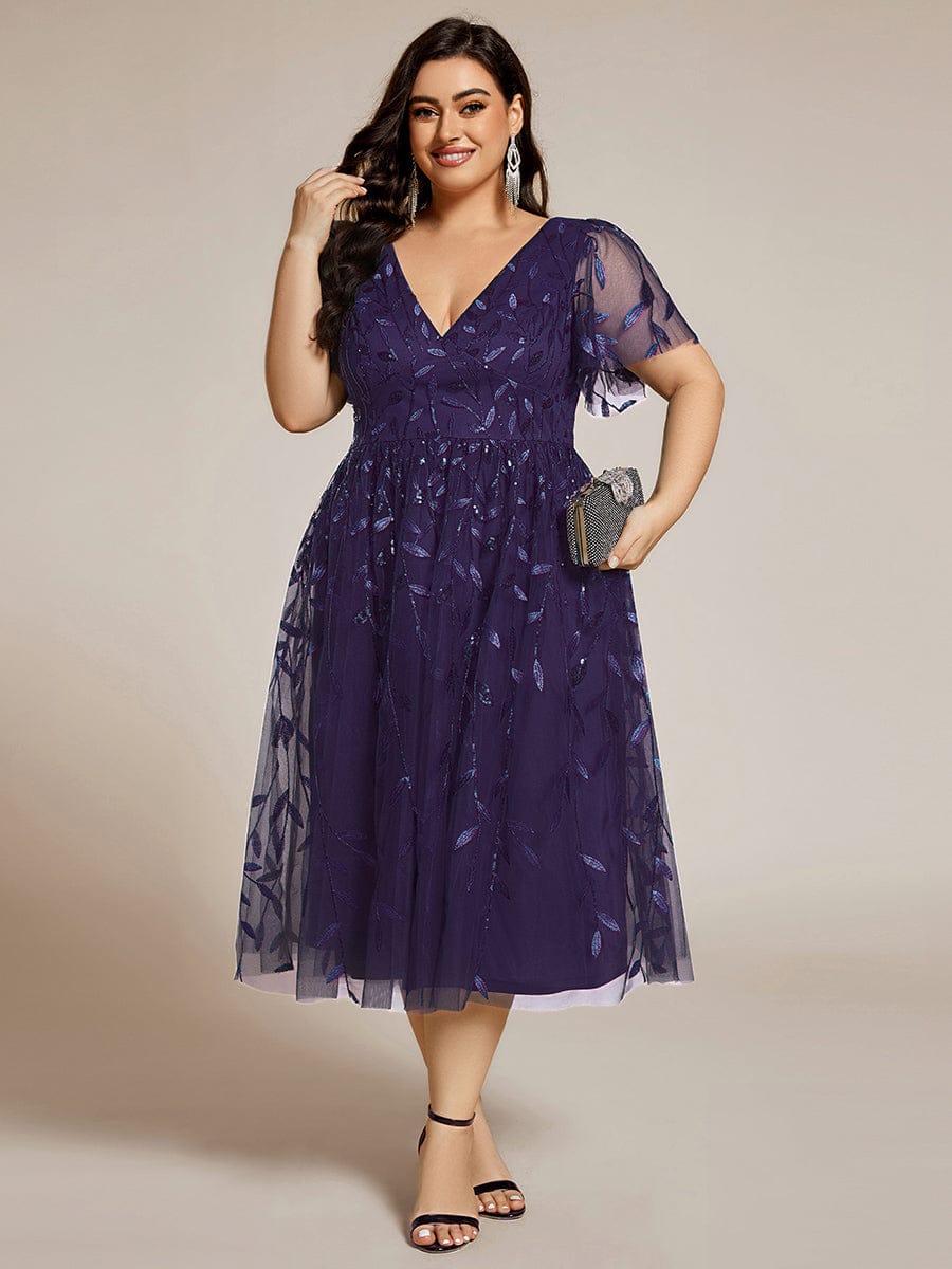 Plus size leaf sequin tulle A-line midi wedding guest dress for women