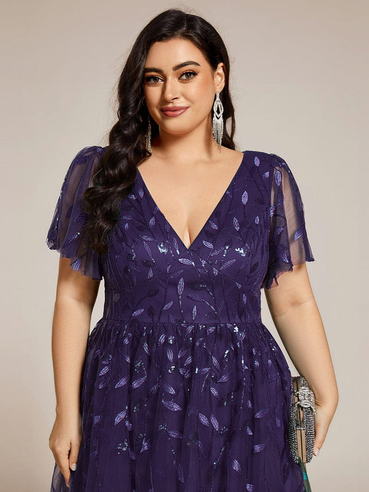 Plus size leaf sequin tulle A-line midi wedding guest dress for women