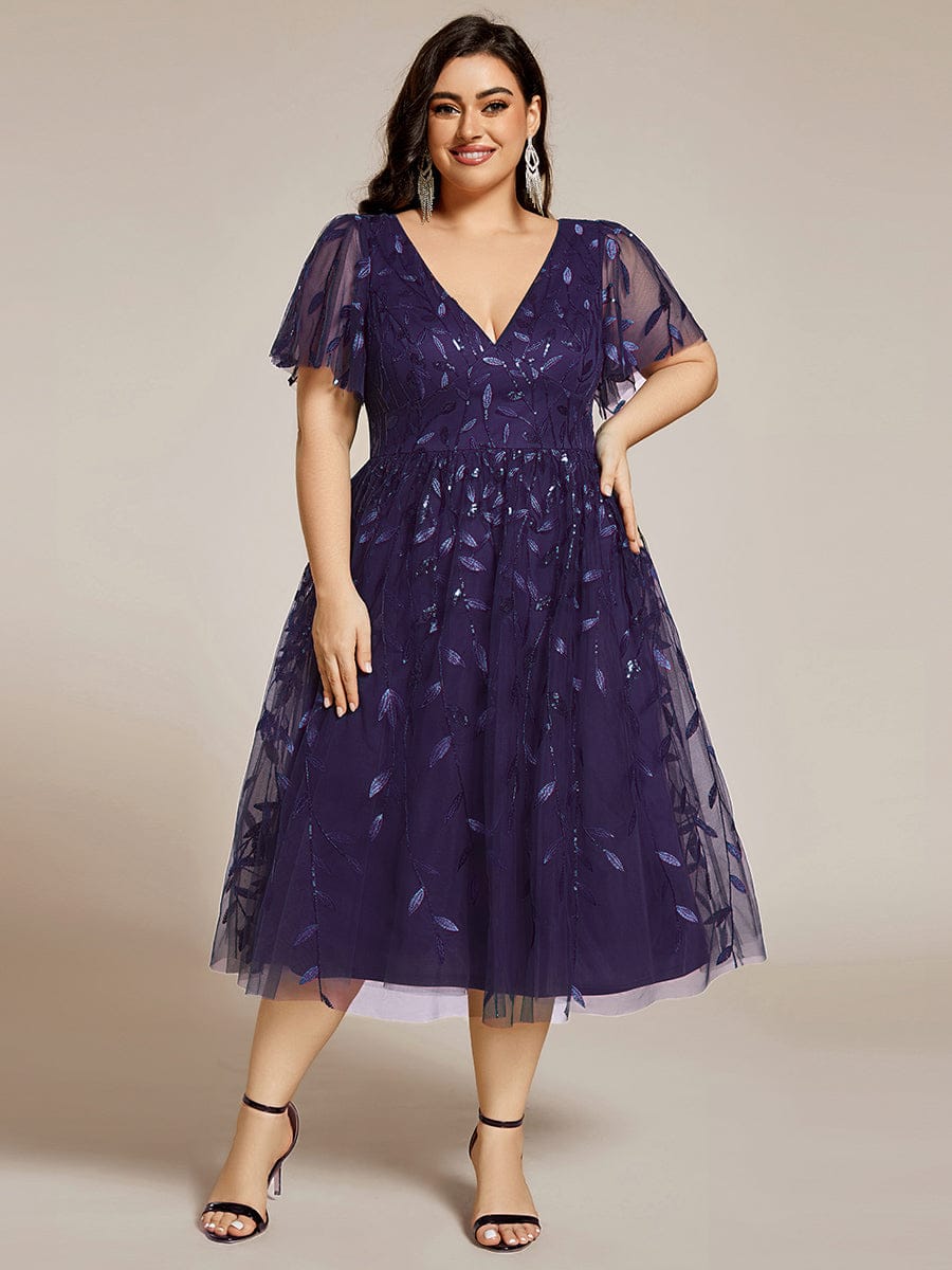 Plus size leaf sequin tulle A-line midi wedding guest dress for women