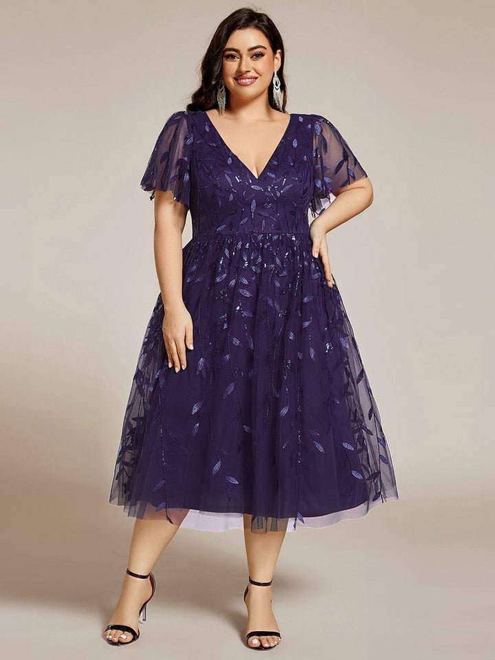 Plus size leaf sequin tulle A-line midi wedding guest dress for women
