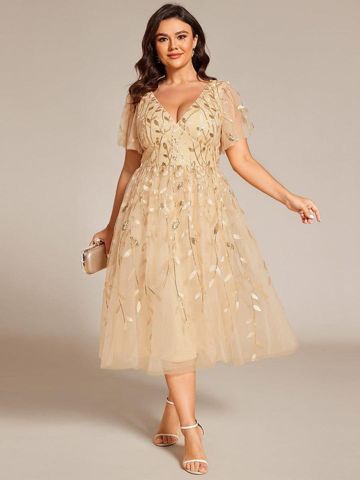 Plus size leaf sequin tulle A-line midi wedding guest dress for women