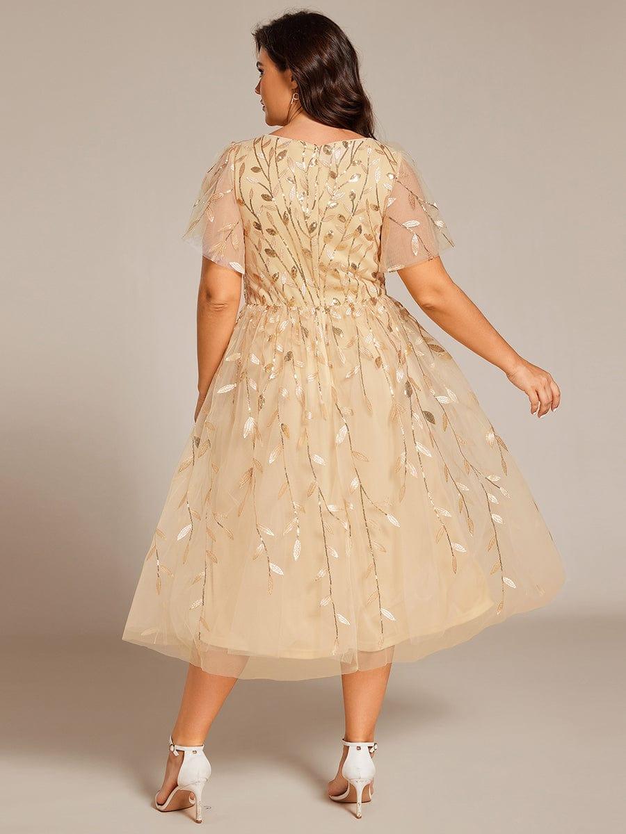 Plus size leaf sequin tulle A-line midi wedding guest dress for women
